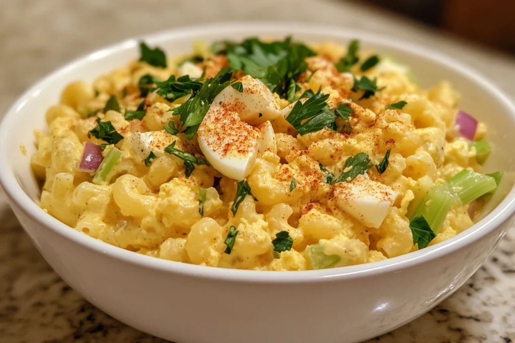 Deviled Egg Macaroni Salad in white bowl showing creamy pasta with chunks of egg, celery, and red onion, garnished with paprika and fresh herbs