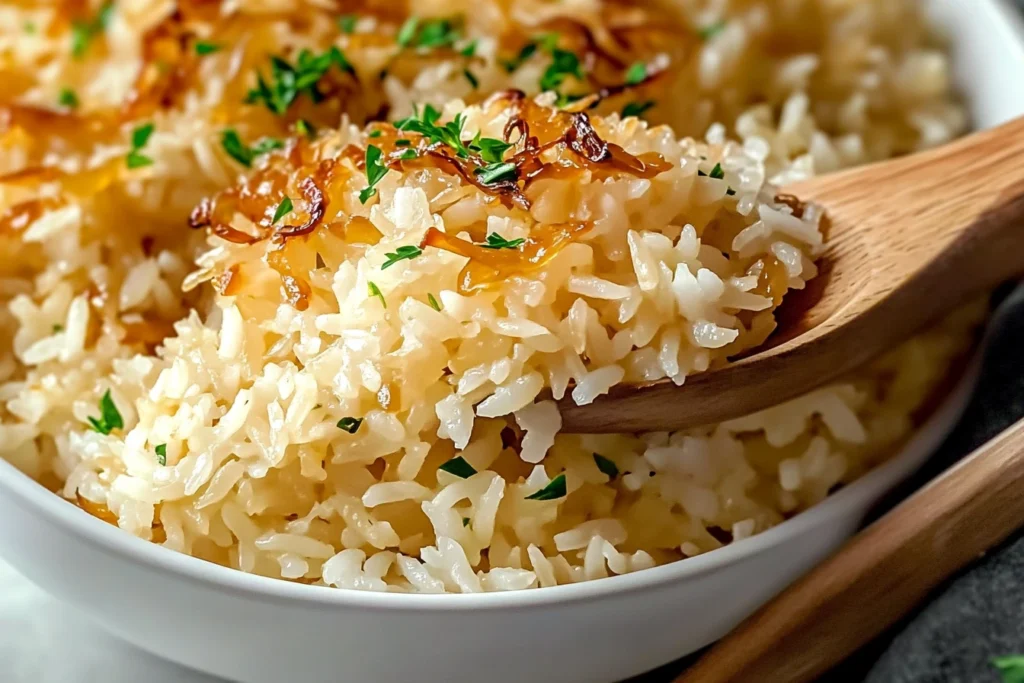 French Onion Butter Rice in white ceramic bowl showing fluffy rice studded with golden caramelized onions and fresh herb garnish, wooden spoon beside bowl on marble countertop