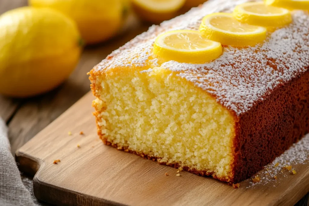 Freshly baked lemon pound cake on a wooden board with lemon slices.
