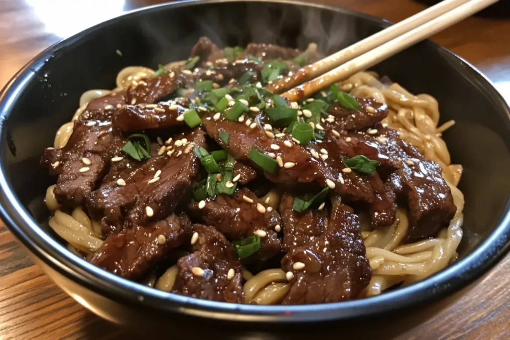 A bowl of Mongolian beef noodles with tender beef, stir-fried noodles, and a glossy sauce