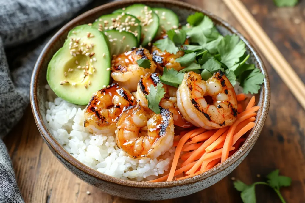 A freshly prepared shrimp rice bowl with colorful vegetables and a drizzle of sauce.