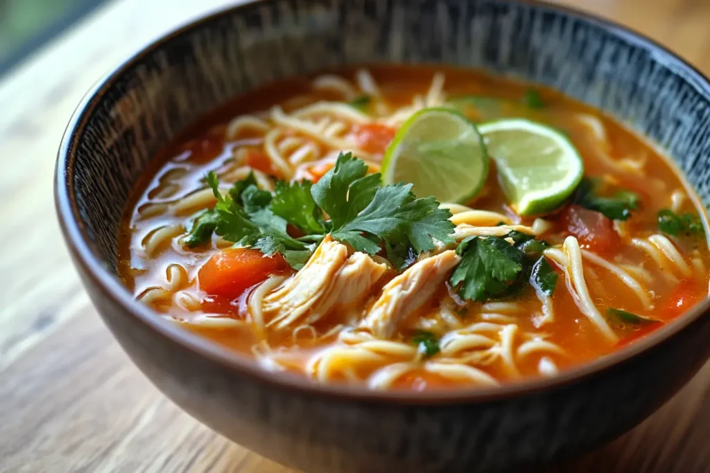 A hearty serving of Spicy Chicken Noodle Soup topped with chopped cilantro in a black bowl.