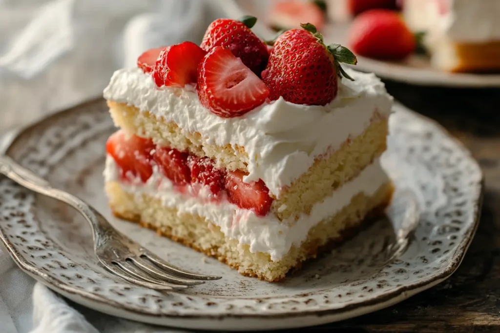 Slice of strawberry tres leches cake topped with whipped cream and strawberries on a plate.