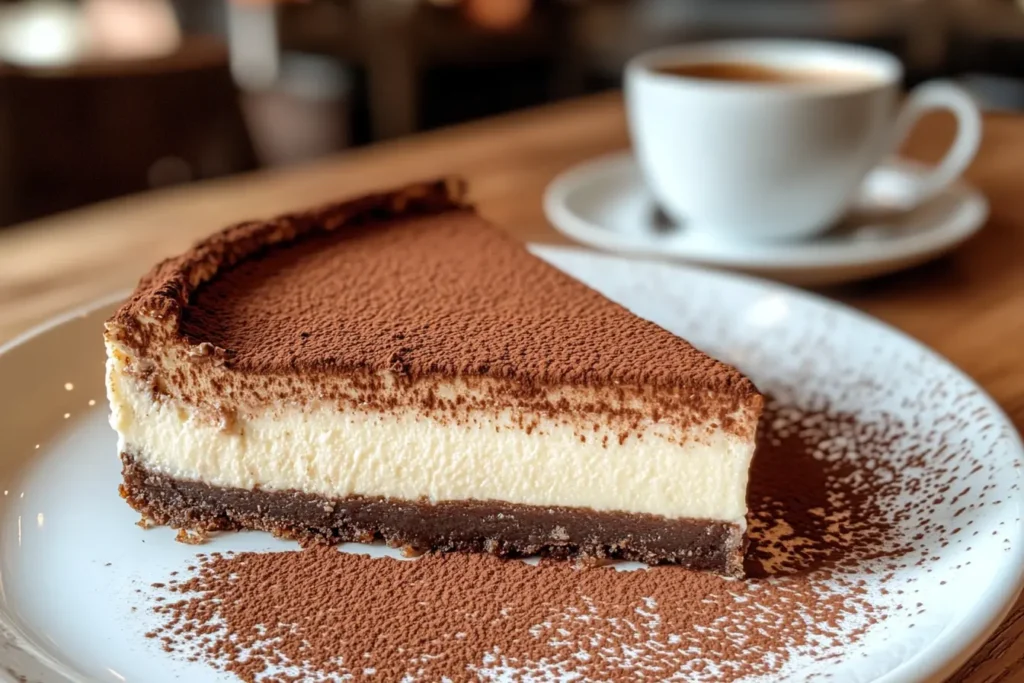 A creamy tiramisu cheesecake with layers of espresso-soaked crust and mascarpone filling.