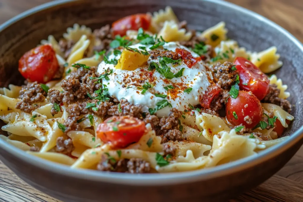 Turkish pasta with yogurt sauce, spiced beef, and butter drizzle