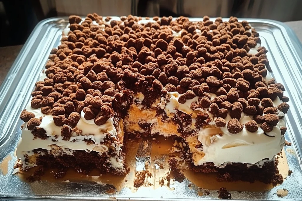 Cake Ahmed Zamel in glass baking dish showing full dessert with chocolate crunchy topping and one slice served on white plate revealing layers of cake, cream filling, chocolate glaze and crunchy chocolate cereal pieces