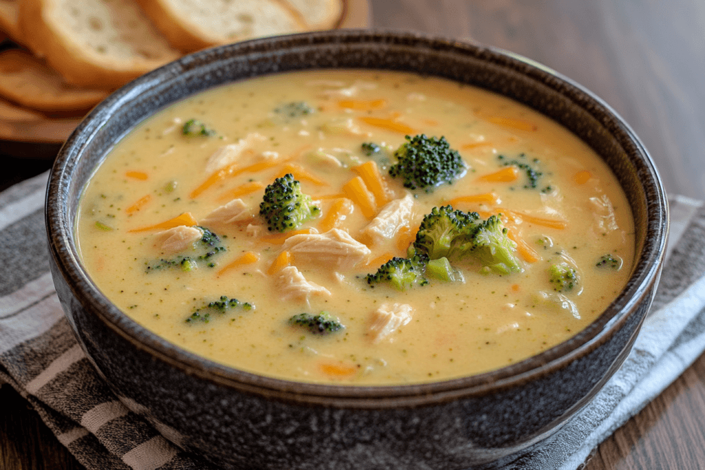 Bowl of creamy Chicken Broccoli Cheddar Soup topped with cheddar and herbs.