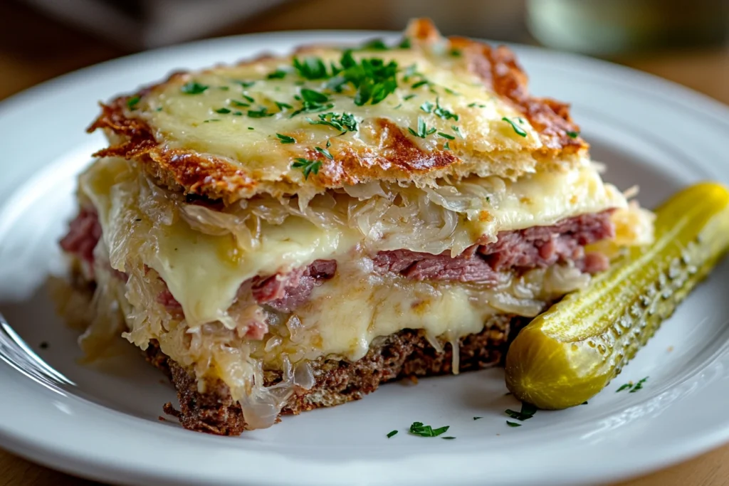 Close-up of served portion of Reuben Bake on white plate showing layers of corned beef, sauerkraut and cheese with crispy top, garnished with parsley and pickle