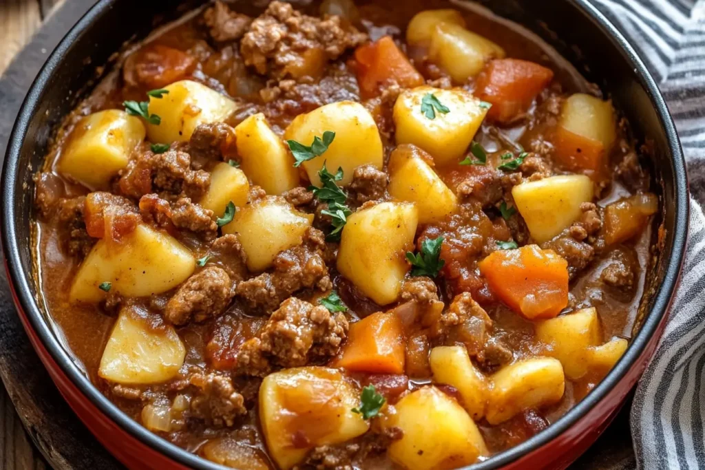 Final presentation of cowboy casserole recipe with melted golden cheese on a white table