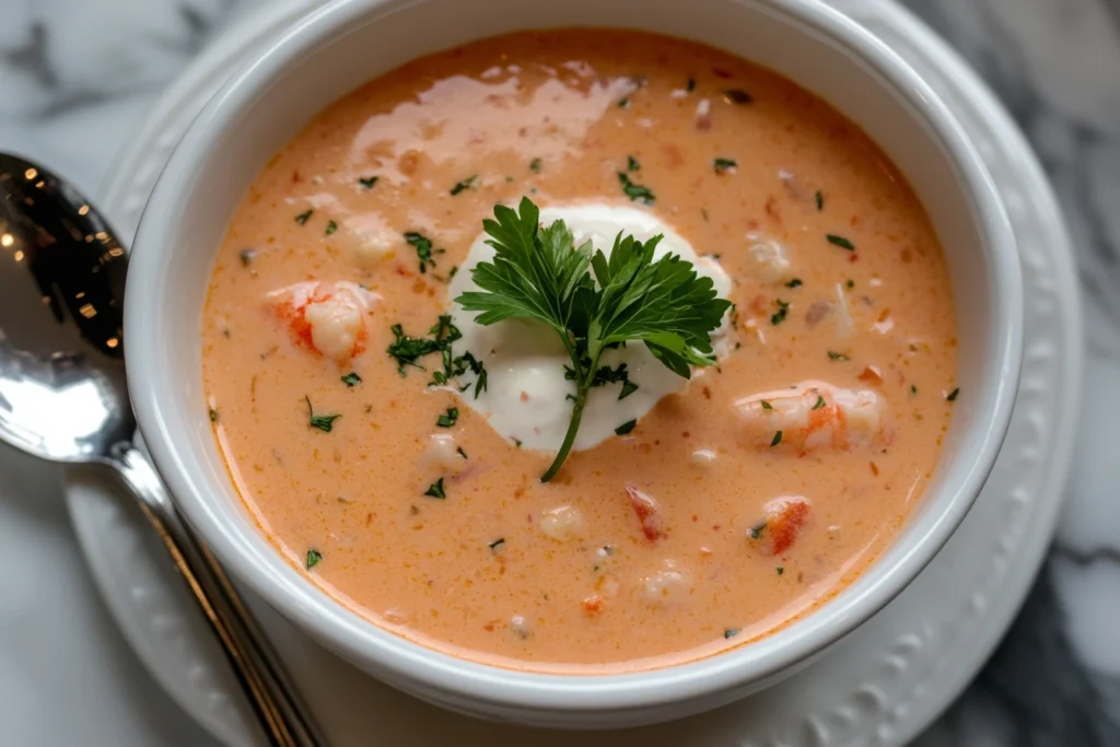 Creamy crab and shrimp seafood bisque in white ceramic bowl with orange-pink color, visible seafood pieces, cream swirl, and parsley garnish, silver spoon beside bowl on marble countertop