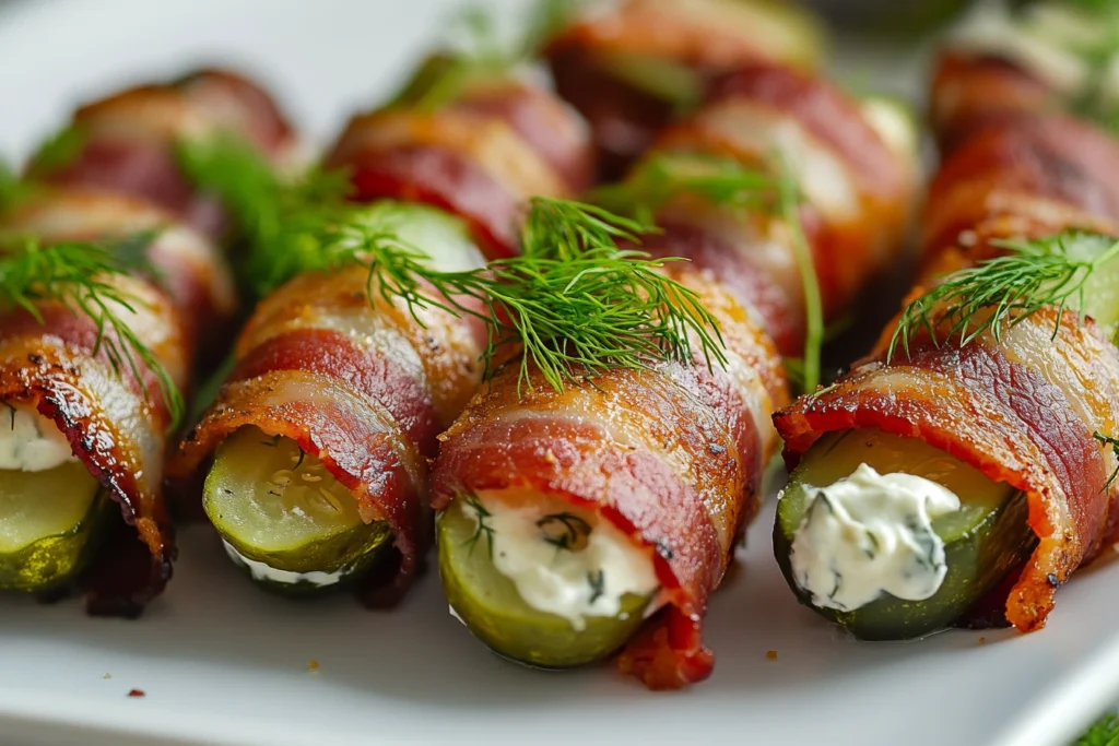 Dill pickle bacon shots on white plate showing hollowed pickles wrapped in crispy bacon filled with cream cheese mixture and garnished with fresh dill