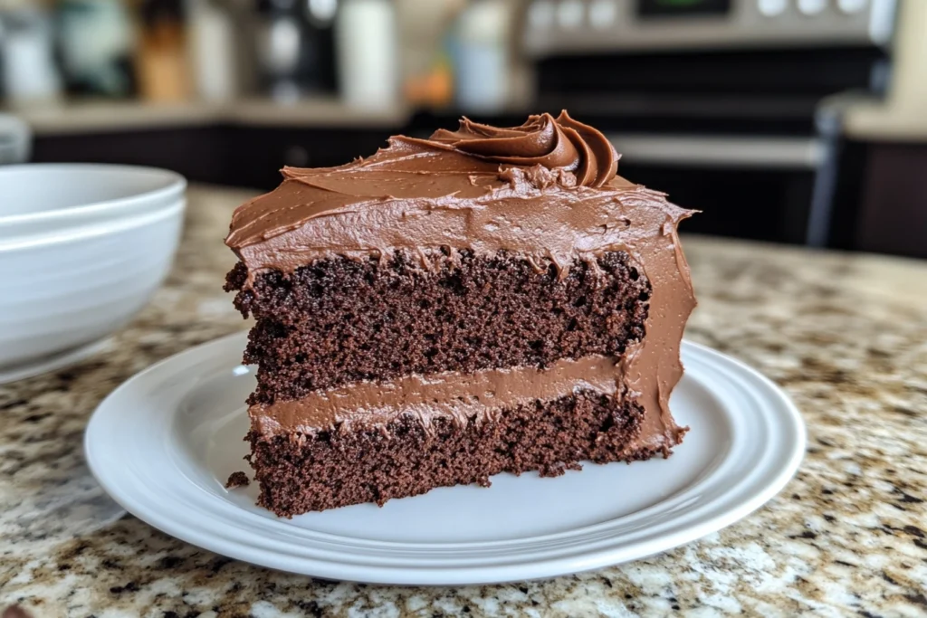 One-Bowl Chocolate Cake with chocolate frosting on kitchen counter with one slice cut showing moist interior, demonstrating the rich texture achieved with the simple one-bowl method