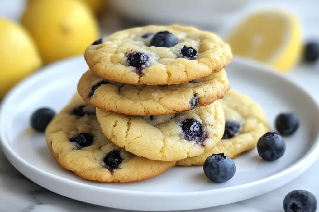 A stack of golden lemon blueberry cookies on a white plate, surrounded by fresh blueberries and lemons.