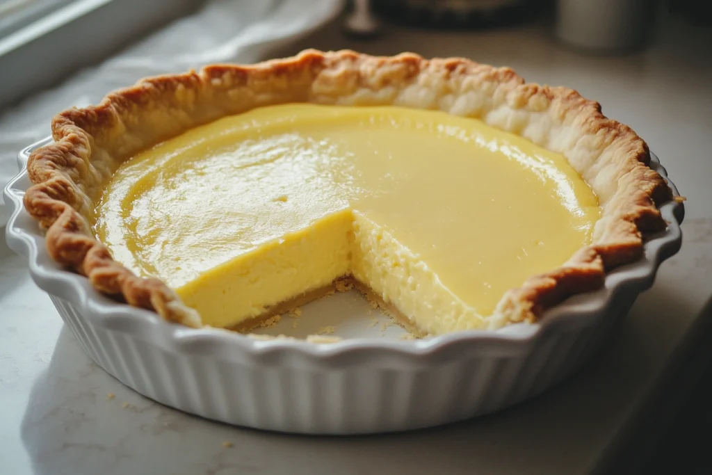 Old fashioned custard pie in white dish with one slice cut showing yellow custard filling and pie crust on kitchen counter