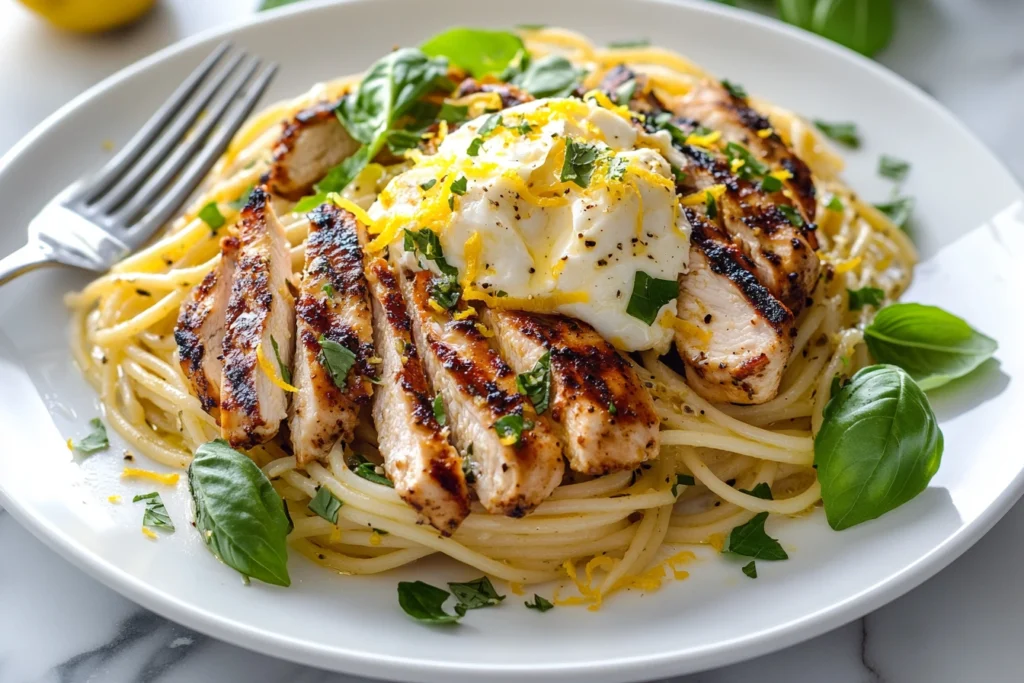 Chicken Spaghetti with Burrata and Lemon Butter Garlic Sauce on white plate showing golden chicken slices, pasta coated in glossy sauce, melting burrata cheese, and fresh basil garnish