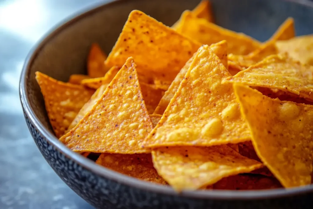 A close-up shot of golden, crispy low carb tortilla chips in a dark bowl
