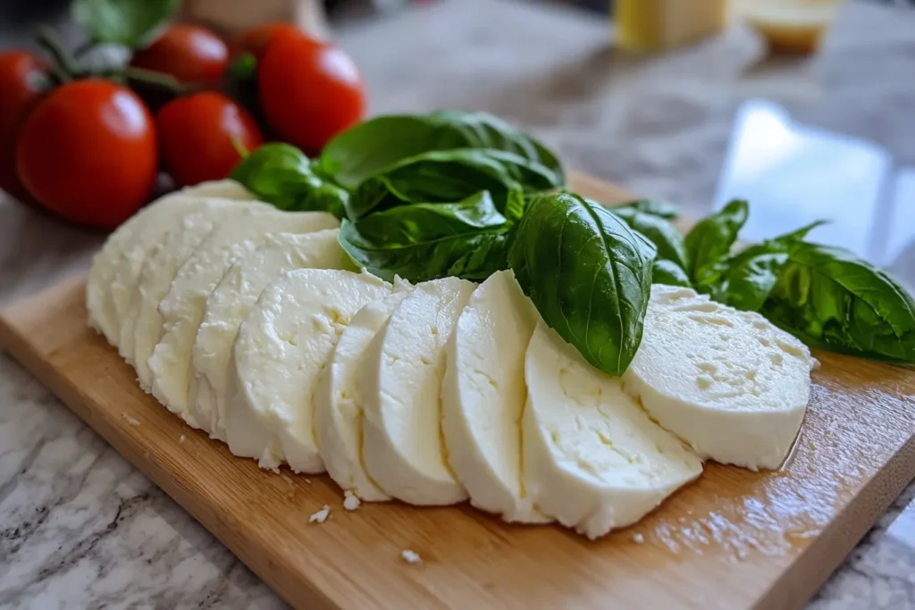 Thinly sliced queso mozzarella arranged on a wooden board with fresh basil leaves and ripe tomatoes