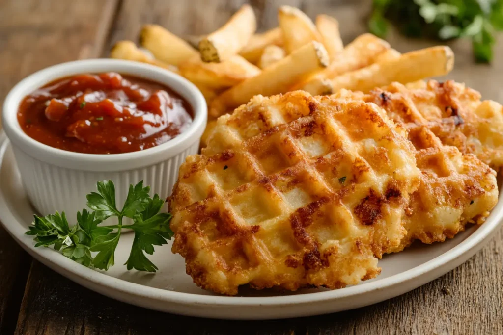 Plated Chick Fil A waffle fries recipe served with dipping sauce on a rustic table.