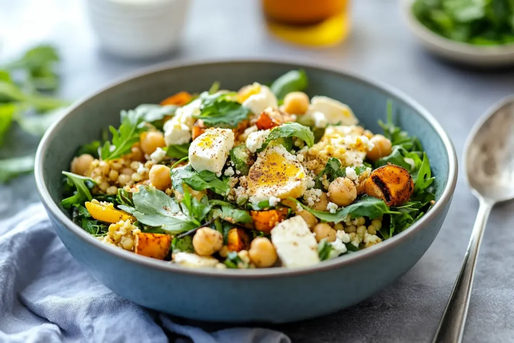Moroccan Spiced Chickpea Salad Recipe in a blue bowl with roasted vegetables, arugula, and cheese
