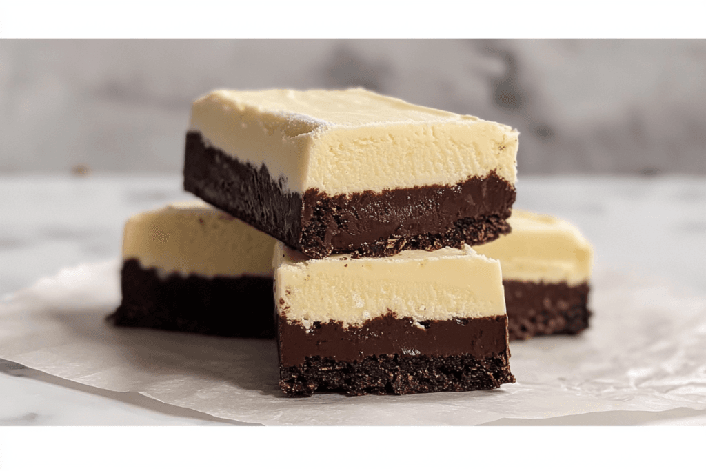 Layered keto ice cream bars with a chocolate base and creamy vanilla top