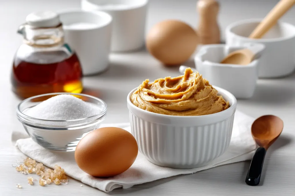 Ingredients for 4-ingredient peanut butter cookies on a white table, including peanut butter, sugar, egg, and vanilla.