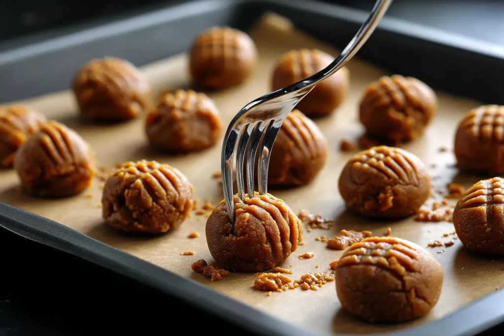 Fork pressing crisscross pattern into peanut butter cookie dough balls on a baking sheet.