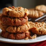 Stack of golden brown 4-ingredient peanut butter cookies on a white plate, with crumbles and peanuts.