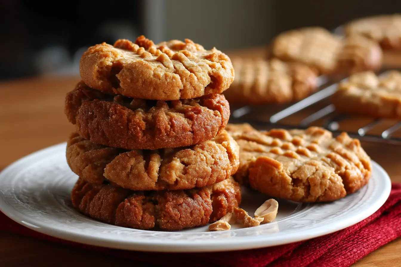 Stack of golden brown 4-ingredient peanut butter cookies on a white plate, with crumbles and peanuts.