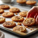 Hand picking up a freshly baked peanut butter cookie from a baking sheet lined with parchment paper.