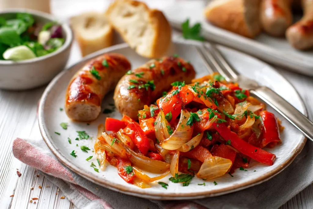 Roasted Italian sausages with caramelized peppers and onions on a parchment-lined sheet pan