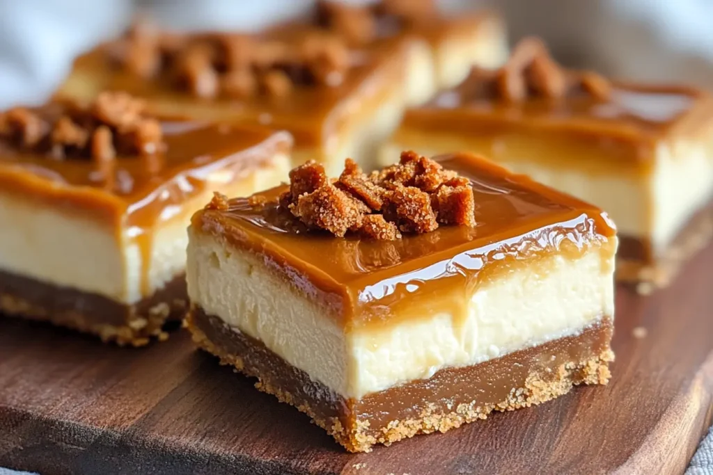 Close-up of a caramel cheesecake bar with a glossy caramel topping and cookie crumbles, layered over a creamy filling and graham cracker crust