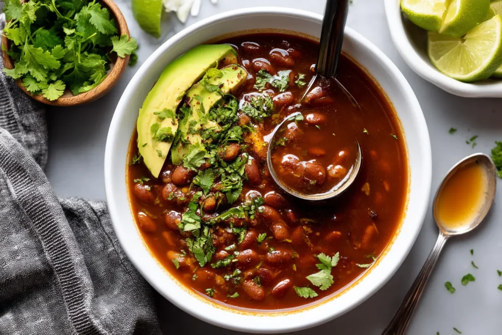 Finished charro beans served in a white bowl with cilantro, lime, and avocado.