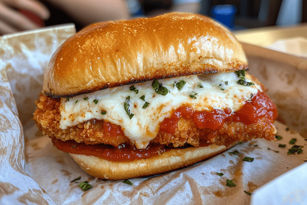 Chicken parm sandwich with melted cheese and marinara on toasted bread.