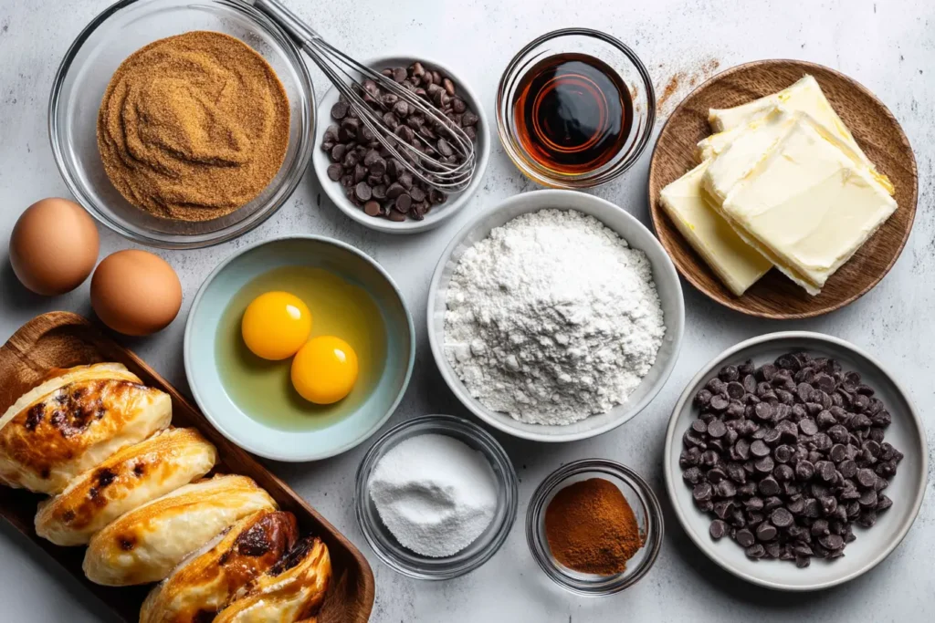 Ingredients for Cookie Croissant recipe displayed on a rustic white table.