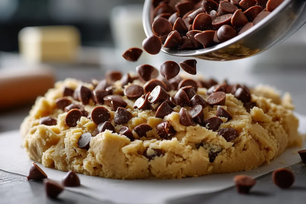 Chocolate chips being poured into cookie dough for Cookie Croissant filling.