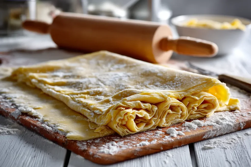 Rolled puff pastry sheet dusted with flour on a rustic table.