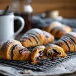 Freshly baked cookie croissants cooling on a rack, drizzled with melted chocolate.
