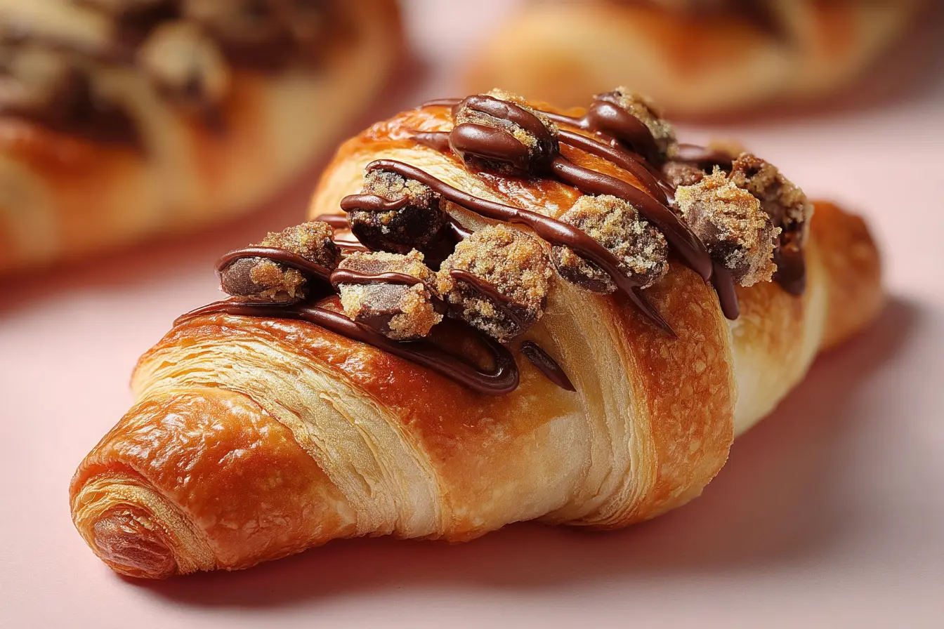 Close-up of Cookie Croissant topped with chocolate drizzle and cookie crumbles.