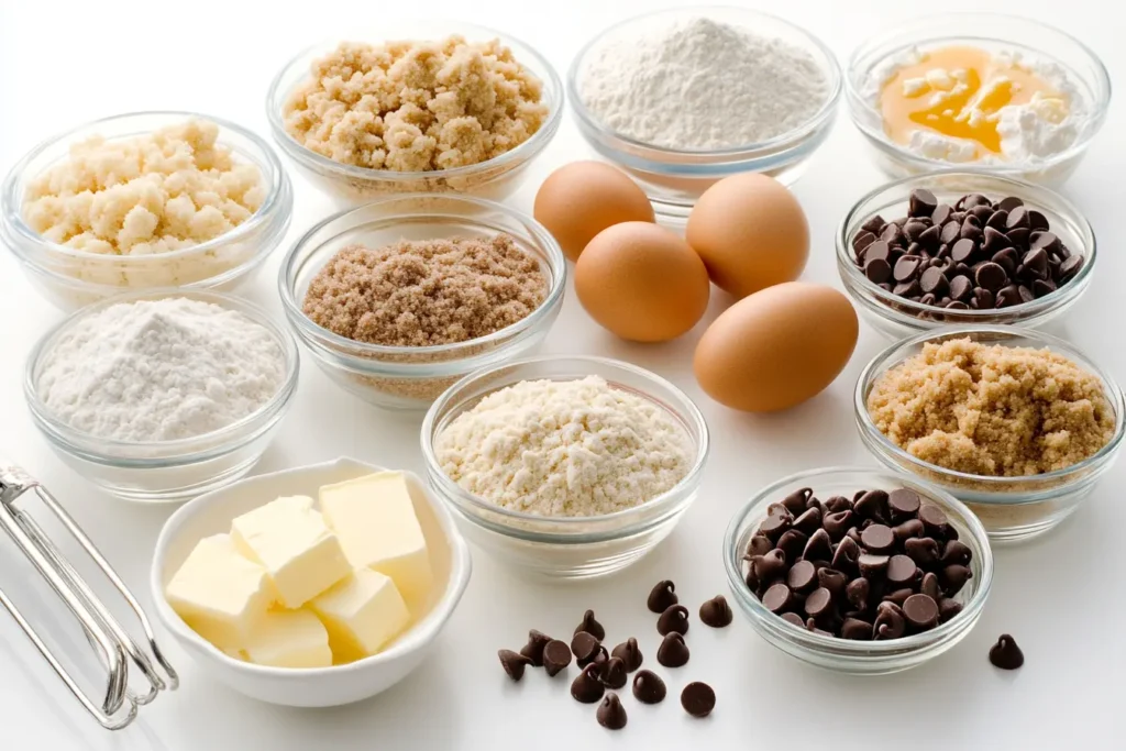 Ingredients for homemade Crumbl cookie recipe laid out on a white table.