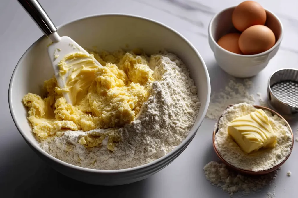 Flour and leaveners being whisked together for a Crumbl cookie recipe.
