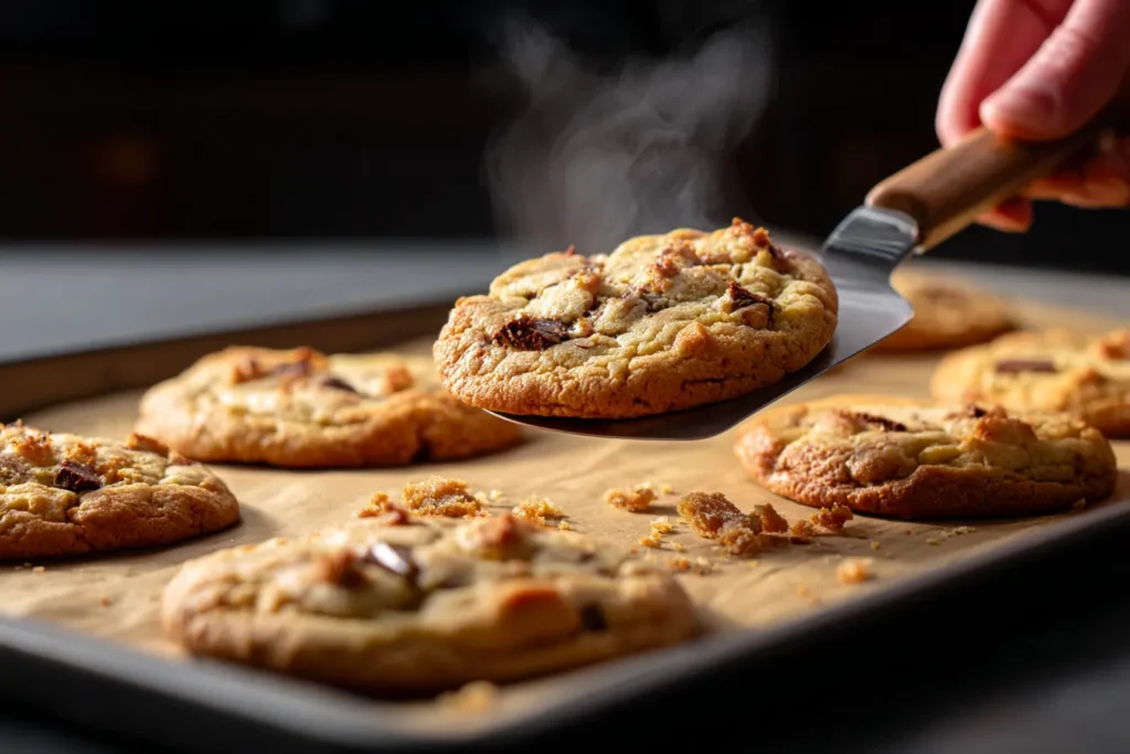 Freshly baked Crumbl cookies cooling on tray with golden edges.