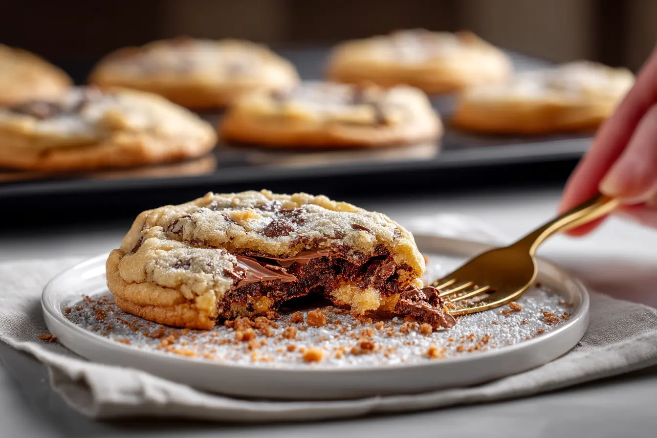 Crumbl cookies cooling on a wire rack, one broken open to show gooey center.