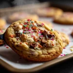 Crumbl cookies cooling on a wire rack, one broken open to show gooey center.