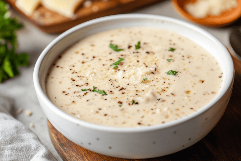Creamy garlic parmesan sauce in a white bowl garnished with black pepper and parsley