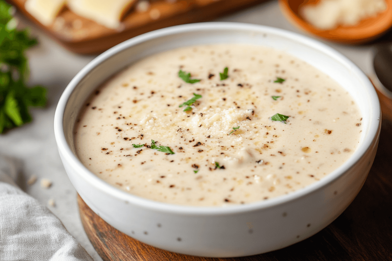 Creamy garlic parmesan sauce in a white bowl garnished with black pepper and parsley