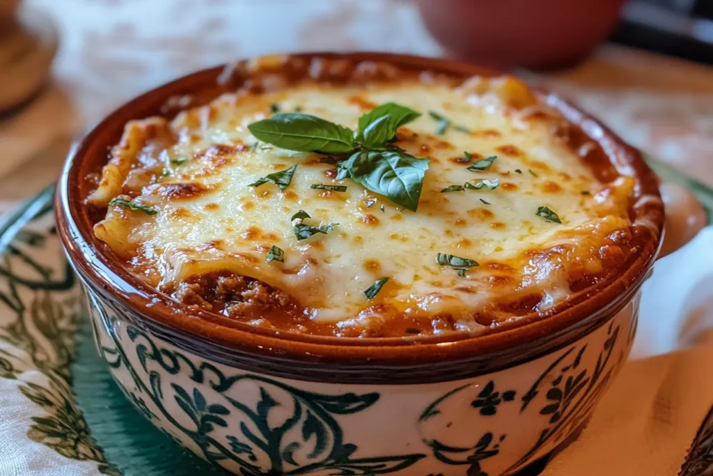 Lasagna soup in a ceramic bowl with cheese and fresh basil garnish