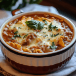 Cheesy lasagna soup crockpot in a ceramic bowl with ground beef, pasta, and basil on top
