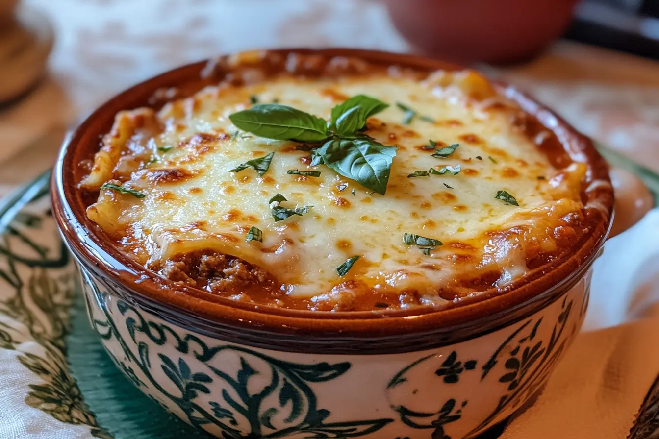 Lasagna soup in a ceramic bowl with cheese and fresh basil garnish