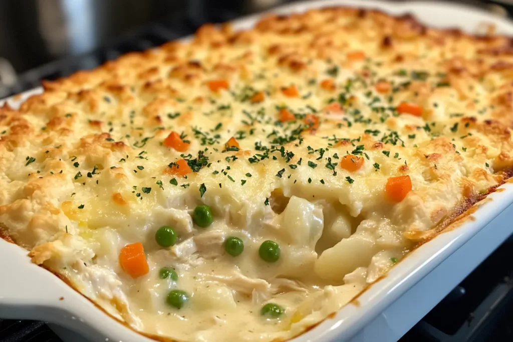 Close-up of a golden baked chicken pot pie casserole with creamy filling of peas, carrots, and chicken in a white dish.