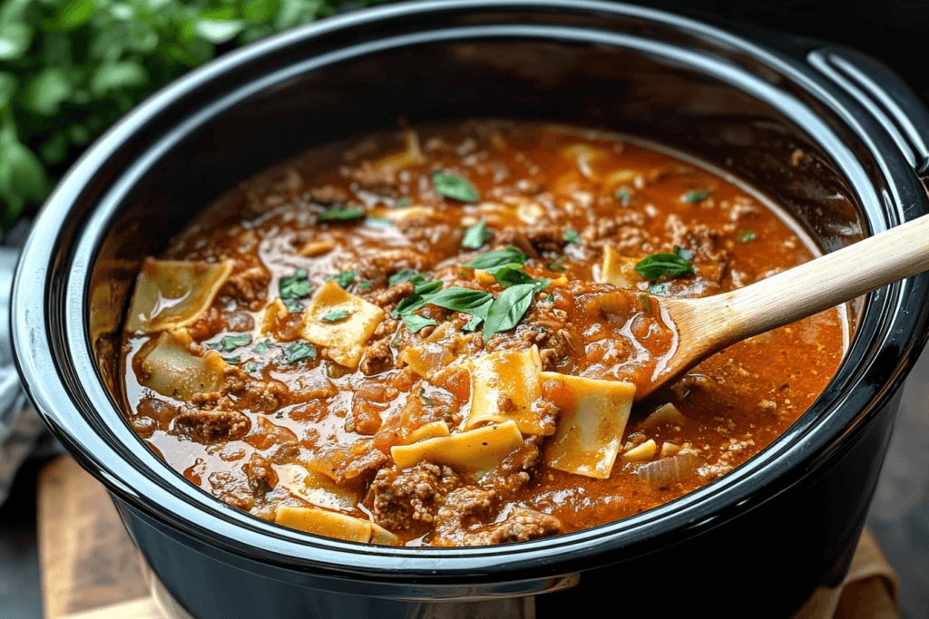 Ladle lifting lasagna soup from crockpot.